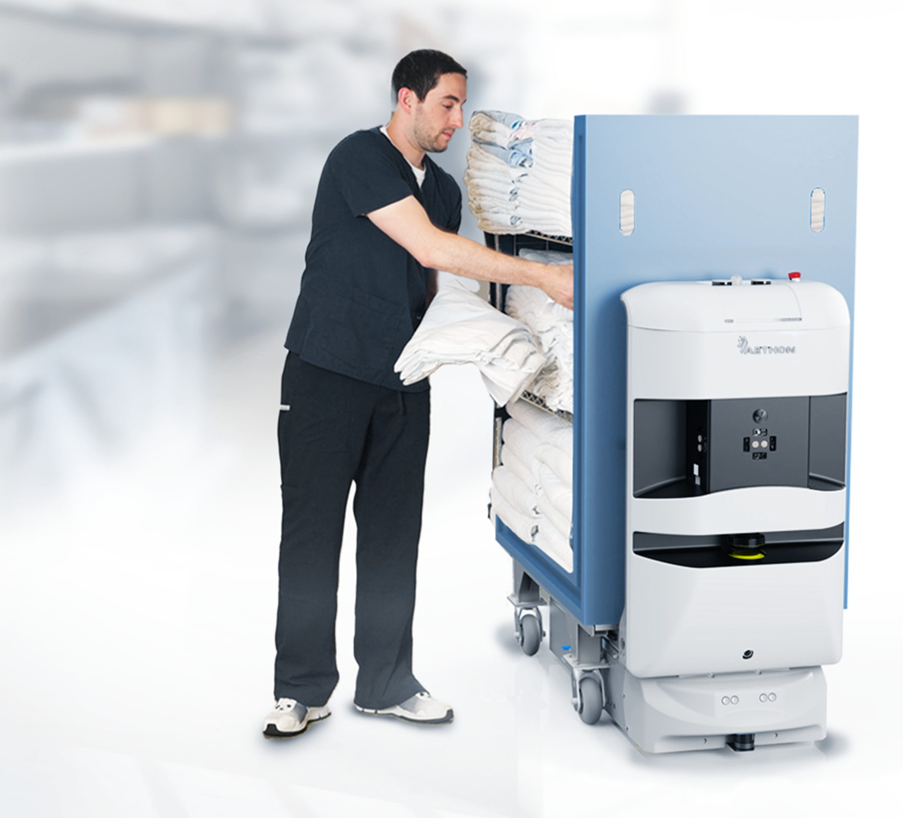 Aethon Hospital robots. Providing healthcare mobile robot, linen delivery robot and robots at hospitals.